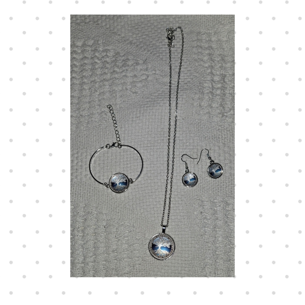 Silver-Tone & Blue Tree Of Life Jewelry Set
